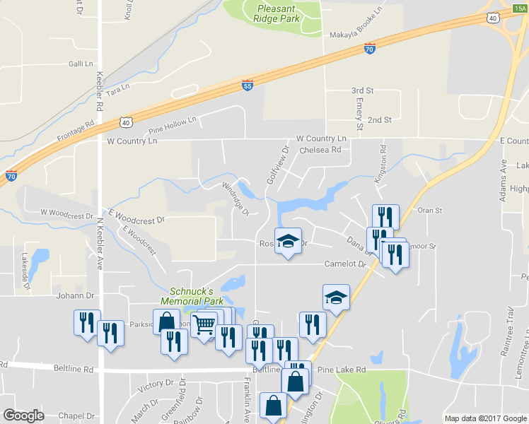 map of restaurants, bars, coffee shops, grocery stores, and more near 102 Windridge Drive in Collinsville