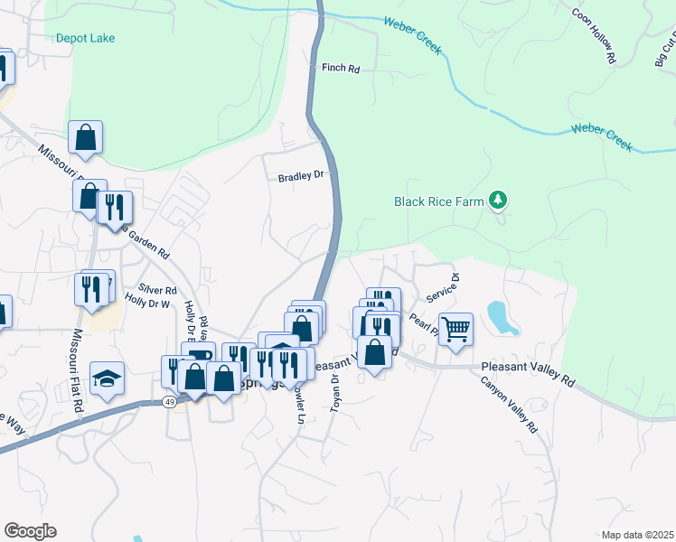 map of restaurants, bars, coffee shops, grocery stores, and more near 4093 California 49 in Diamond Springs