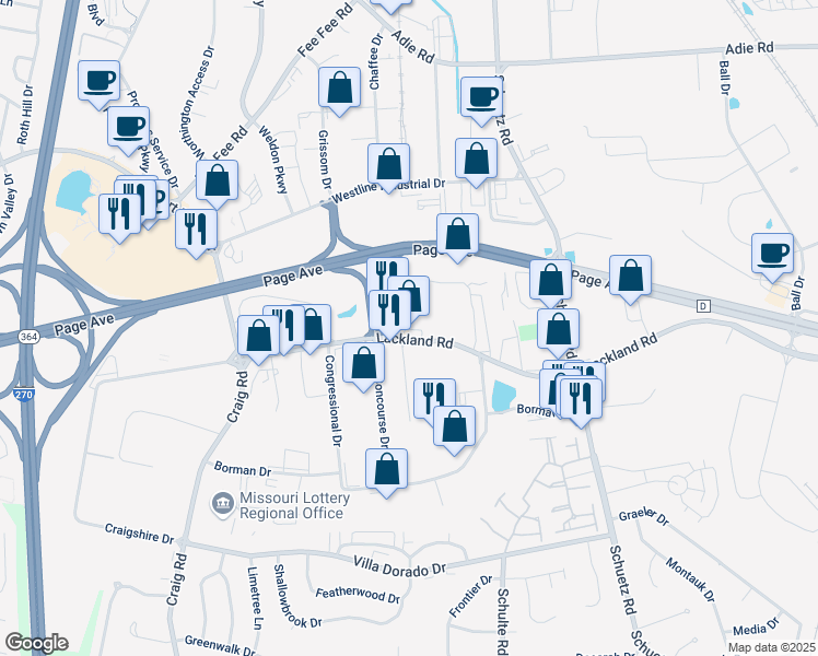 map of restaurants, bars, coffee shops, grocery stores, and more near 11829 Lackland Road in St. Louis