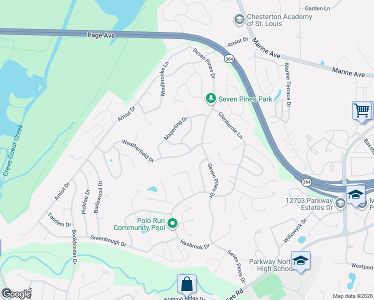 map of restaurants, bars, coffee shops, grocery stores, and more near 12925 Weatherfield Drive in St. Louis
