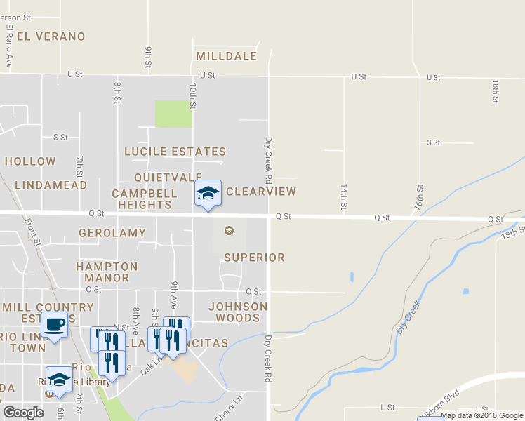 map of restaurants, bars, coffee shops, grocery stores, and more near 1151 Q Street in Rio Linda