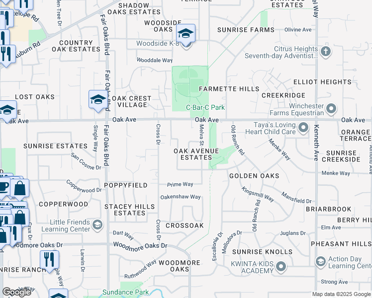 map of restaurants, bars, coffee shops, grocery stores, and more near 7236 Mandarin Circle in Citrus Heights