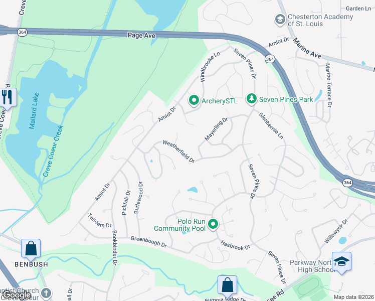 map of restaurants, bars, coffee shops, grocery stores, and more near 13045 Weatherfield Drive in St. Louis