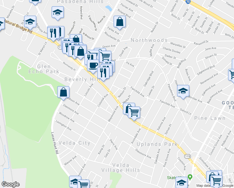 map of restaurants, bars, coffee shops, grocery stores, and more near 3706 Neona Street in Saint Louis