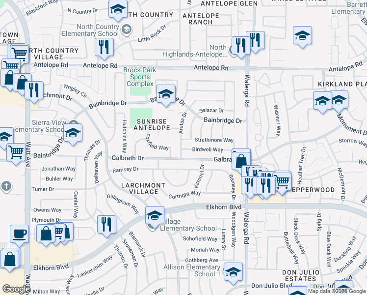 map of restaurants, bars, coffee shops, grocery stores, and more near 7160 Arutas Drive in North Highlands