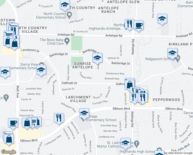 map of restaurants, bars, coffee shops, grocery stores, and more near 7161 Arutas Drive in North Highlands