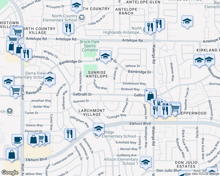 map of restaurants, bars, coffee shops, grocery stores, and more near 7300 Owlcrest Ct in North Highlands