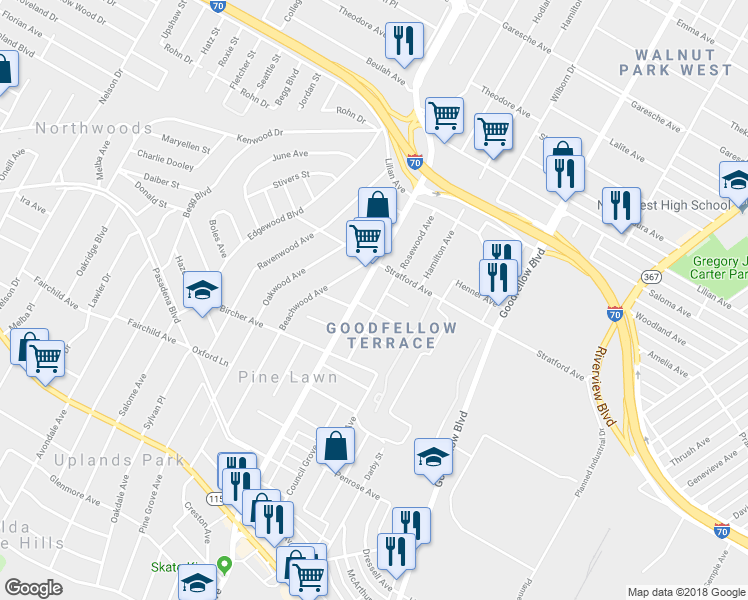 map of restaurants, bars, coffee shops, grocery stores, and more near 4305 Rosewood Avenue in St. Louis