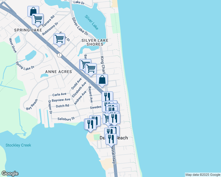 map of restaurants, bars, coffee shops, grocery stores, and more near 20 Saint Louis Street in Dewey Beach
