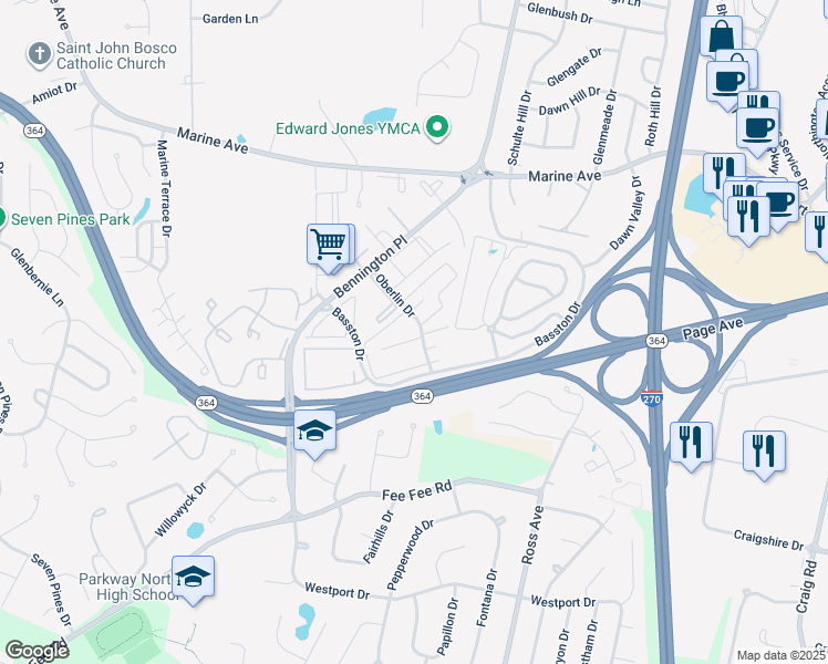 map of restaurants, bars, coffee shops, grocery stores, and more near 1951 Oberlin Drive in St. Louis