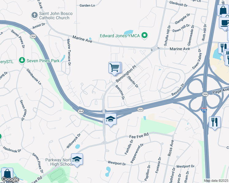 map of restaurants, bars, coffee shops, grocery stores, and more near 12566 Arpage Lane in St. Louis
