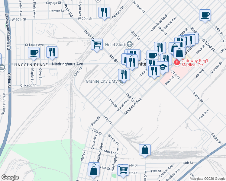 map of restaurants, bars, coffee shops, grocery stores, and more near 1727 Edison Avenue in Granite City