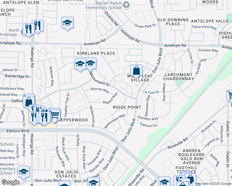 map of restaurants, bars, coffee shops, grocery stores, and more near 4840 Monument Drive in Sacramento