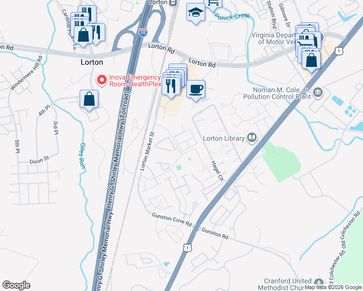 map of restaurants, bars, coffee shops, grocery stores, and more near 8089 Samuel Wallis Street in Lorton