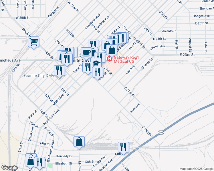 map of restaurants, bars, coffee shops, grocery stores, and more near 2020 Washington Avenue in Granite City