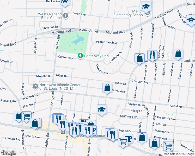 map of restaurants, bars, coffee shops, grocery stores, and more near 10249 Niblic Drive in Overland