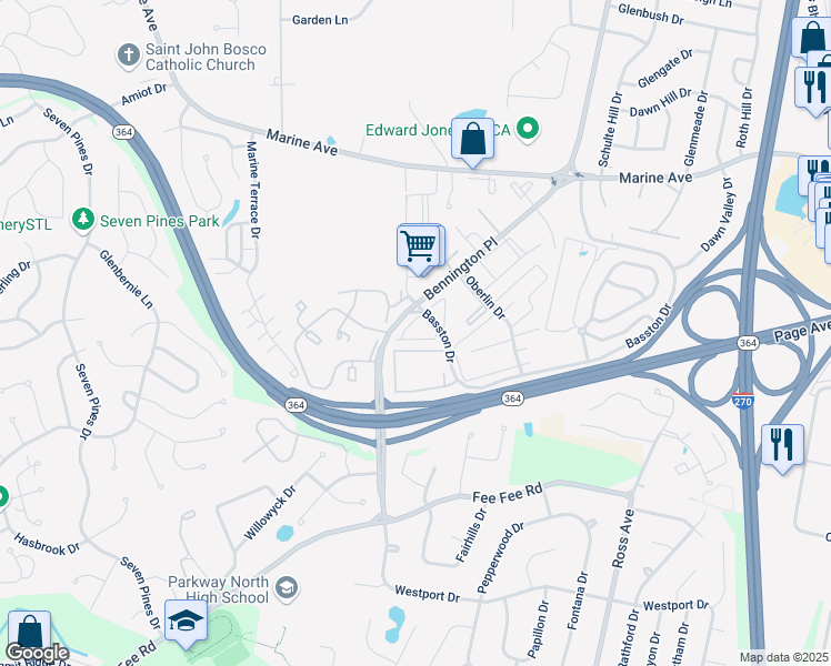 map of restaurants, bars, coffee shops, grocery stores, and more near 12566 Arpage Lane in St. Louis