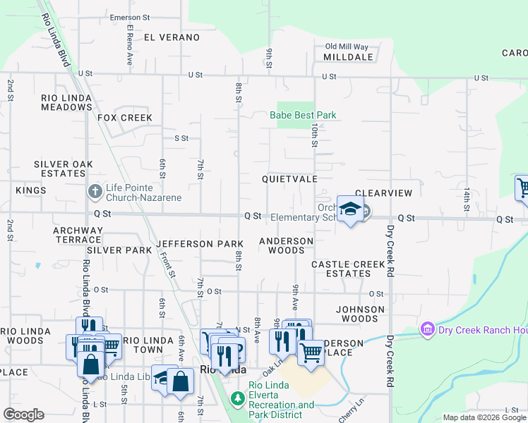 map of restaurants, bars, coffee shops, grocery stores, and more near 7201 Belcamp Street in Rio Linda