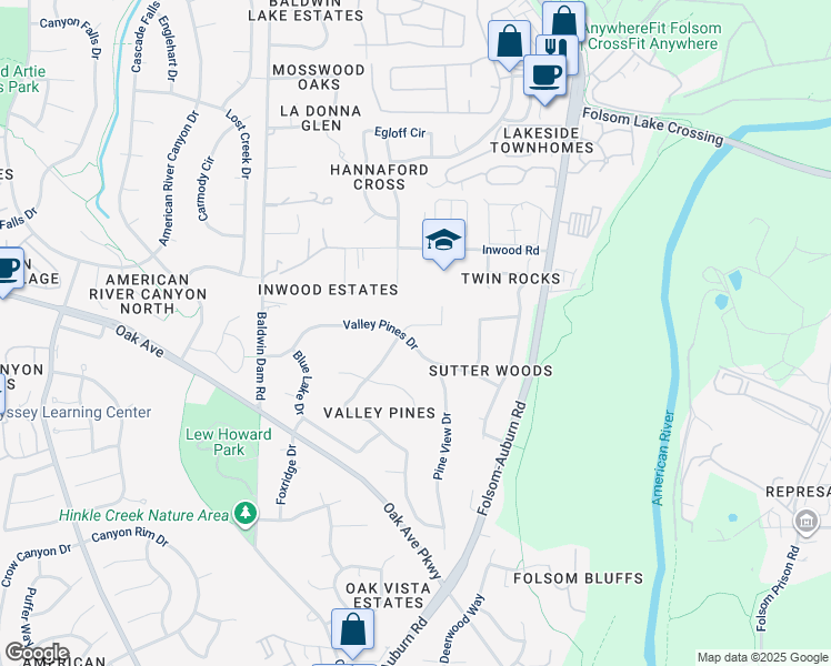 map of restaurants, bars, coffee shops, grocery stores, and more near 9901 Valley Pines Drive in Folsom