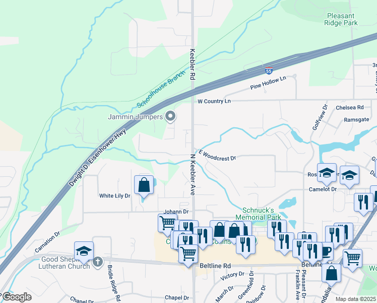map of restaurants, bars, coffee shops, grocery stores, and more near 100 West Woodcrest Drive in Collinsville