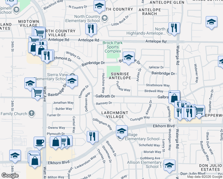 map of restaurants, bars, coffee shops, grocery stores, and more near 7222 Bobcat Court in North Highlands