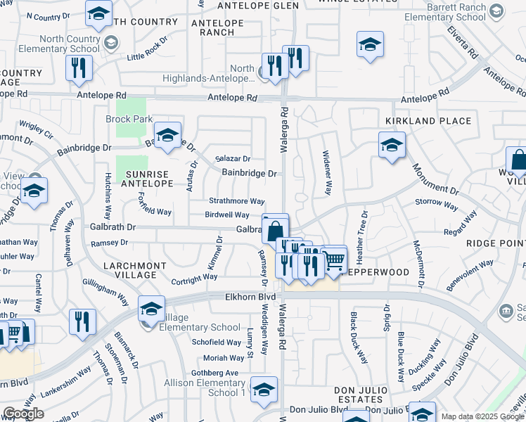 map of restaurants, bars, coffee shops, grocery stores, and more near 4189 Birdwell Way in North Highlands