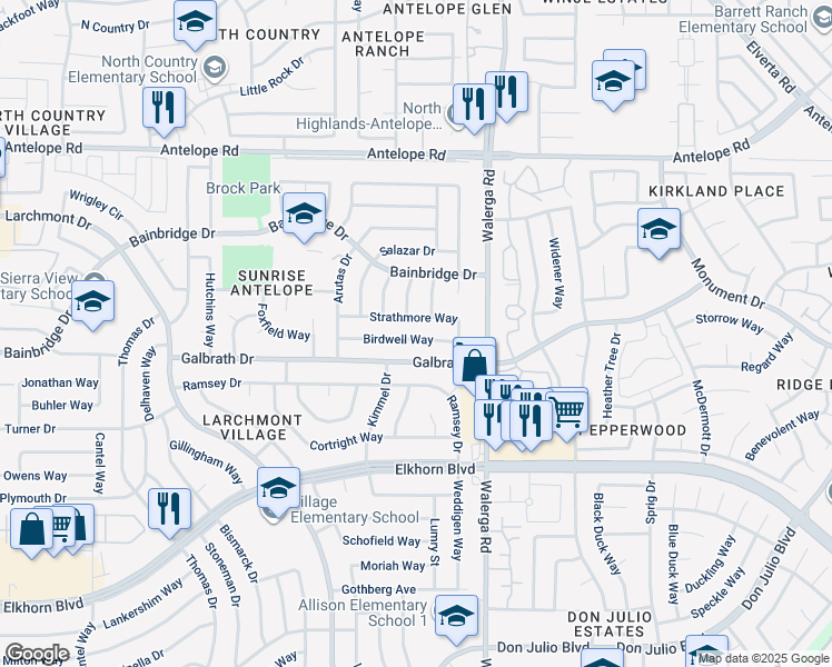 map of restaurants, bars, coffee shops, grocery stores, and more near 4157 Birdwell Way in North Highlands
