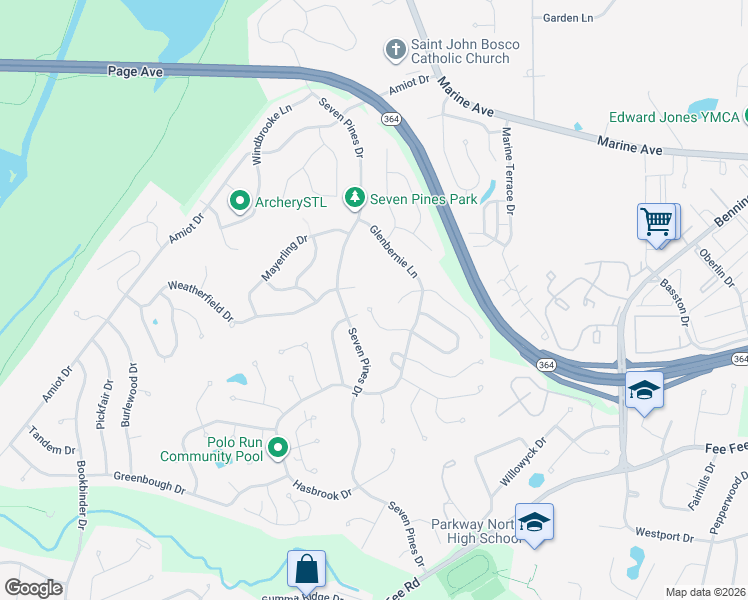 map of restaurants, bars, coffee shops, grocery stores, and more near 2028 Sandfield Drive in Saint Louis