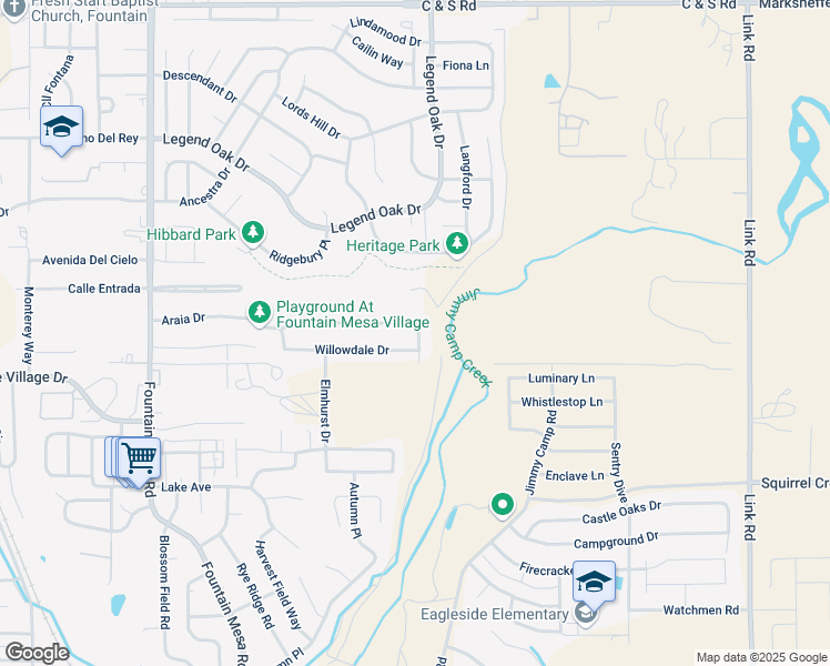 map of restaurants, bars, coffee shops, grocery stores, and more near 7519 Araia Drive in Fountain