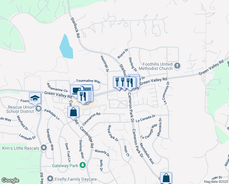 map of restaurants, bars, coffee shops, grocery stores, and more near 639 Jardin Court in Cameron Park