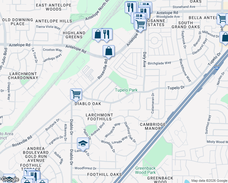 map of restaurants, bars, coffee shops, grocery stores, and more near 7238 Aberfeldy Way in Sacramento