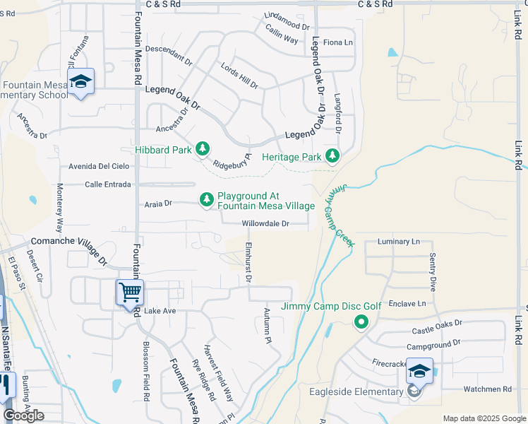 map of restaurants, bars, coffee shops, grocery stores, and more near 7415 Araia Drive in Fountain