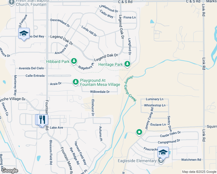 map of restaurants, bars, coffee shops, grocery stores, and more near 7471 Araia Drive in Fountain