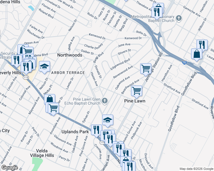 map of restaurants, bars, coffee shops, grocery stores, and more near 4209 Ravenwood Avenue in Saint Louis