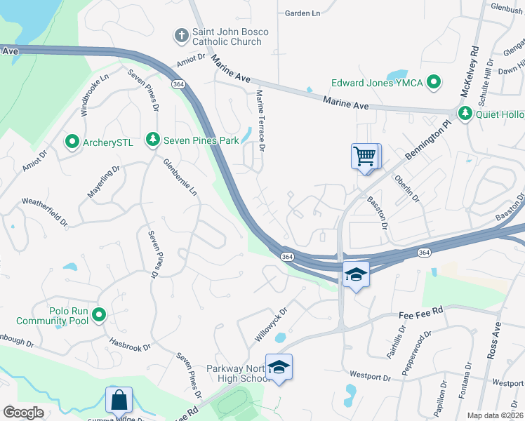 map of restaurants, bars, coffee shops, grocery stores, and more near 1935 Marine Terrace Drive in St. Louis