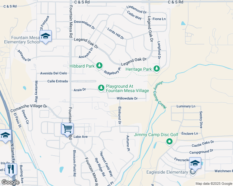 map of restaurants, bars, coffee shops, grocery stores, and more near 7359 Araia Drive in Fountain