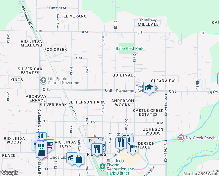 map of restaurants, bars, coffee shops, grocery stores, and more near 7201 Belcamp Street in Rio Linda