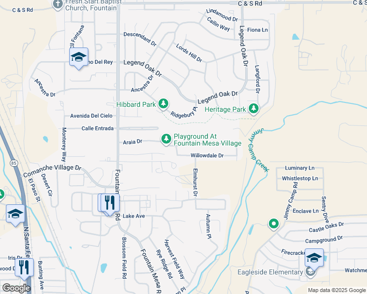 map of restaurants, bars, coffee shops, grocery stores, and more near 7327 Araia Drive in Fountain