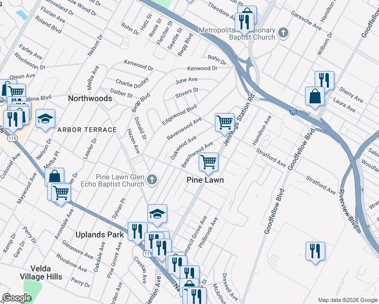 map of restaurants, bars, coffee shops, grocery stores, and more near 4235 Beachwood Avenue in St. Louis