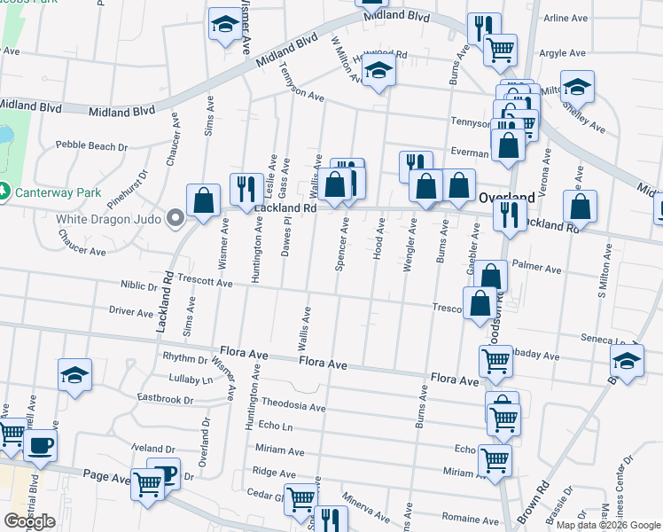 map of restaurants, bars, coffee shops, grocery stores, and more near 2315 Spencer Avenue in Overland
