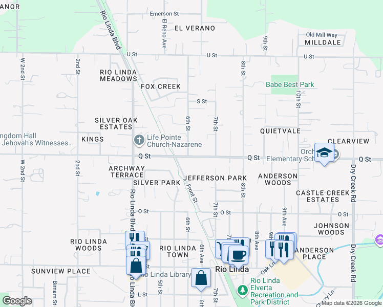 map of restaurants, bars, coffee shops, grocery stores, and more near 601 Q Street in Rio Linda