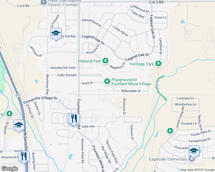 map of restaurants, bars, coffee shops, grocery stores, and more near 7287 Araia Drive in Fountain