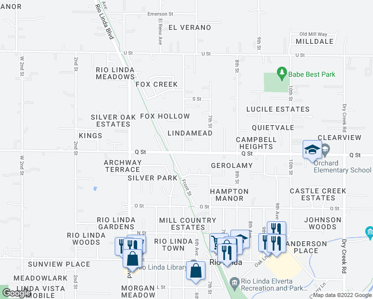 map of restaurants, bars, coffee shops, grocery stores, and more near 601 Q St in Rio Linda