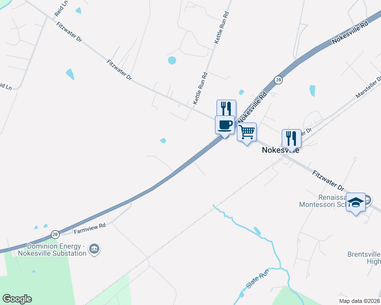 map of restaurants, bars, coffee shops, grocery stores, and more near 13206 Nokesville Rd in Nokesville