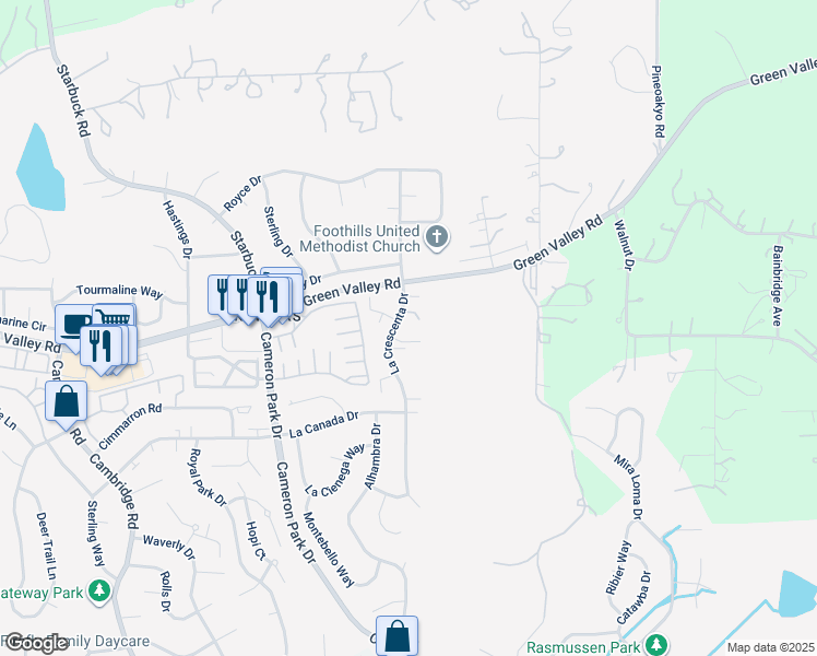 map of restaurants, bars, coffee shops, grocery stores, and more near 2675 La Crescenta Drive in Cameron Park