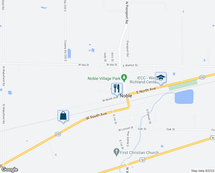 map of restaurants, bars, coffee shops, grocery stores, and more near 200 North 1st Street in Noble