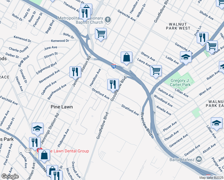 map of restaurants, bars, coffee shops, grocery stores, and more near 4727 Goodfellow Boulevard in St. Louis