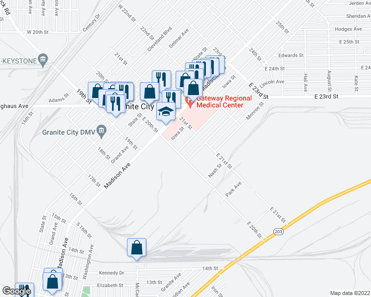 map of restaurants, bars, coffee shops, grocery stores, and more near 2020 Washington Avenue in Granite City