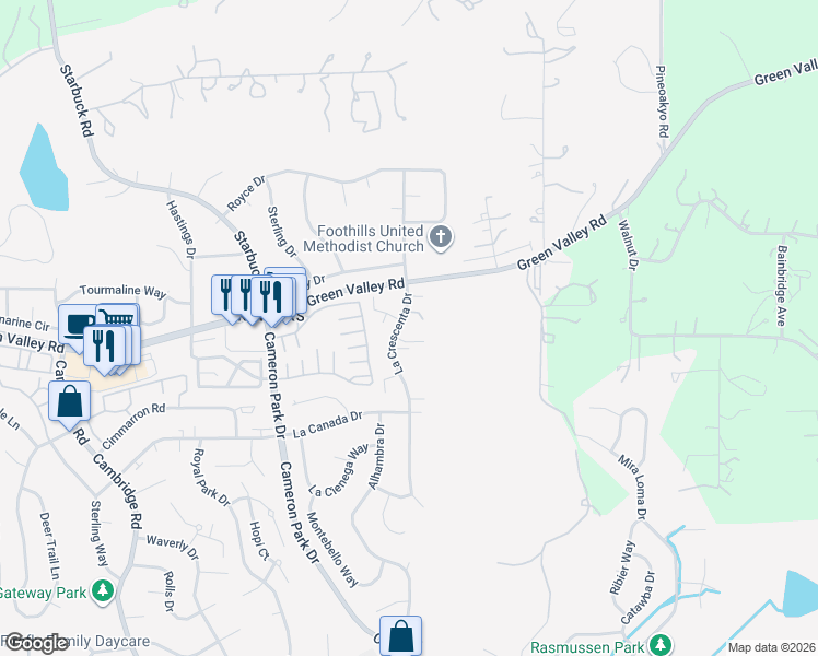 map of restaurants, bars, coffee shops, grocery stores, and more near 2675 La Crescenta Drive in Cameron Park
