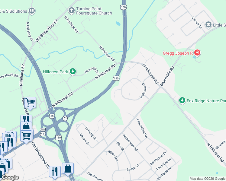 map of restaurants, bars, coffee shops, grocery stores, and more near U.S. 150 in Vincennes